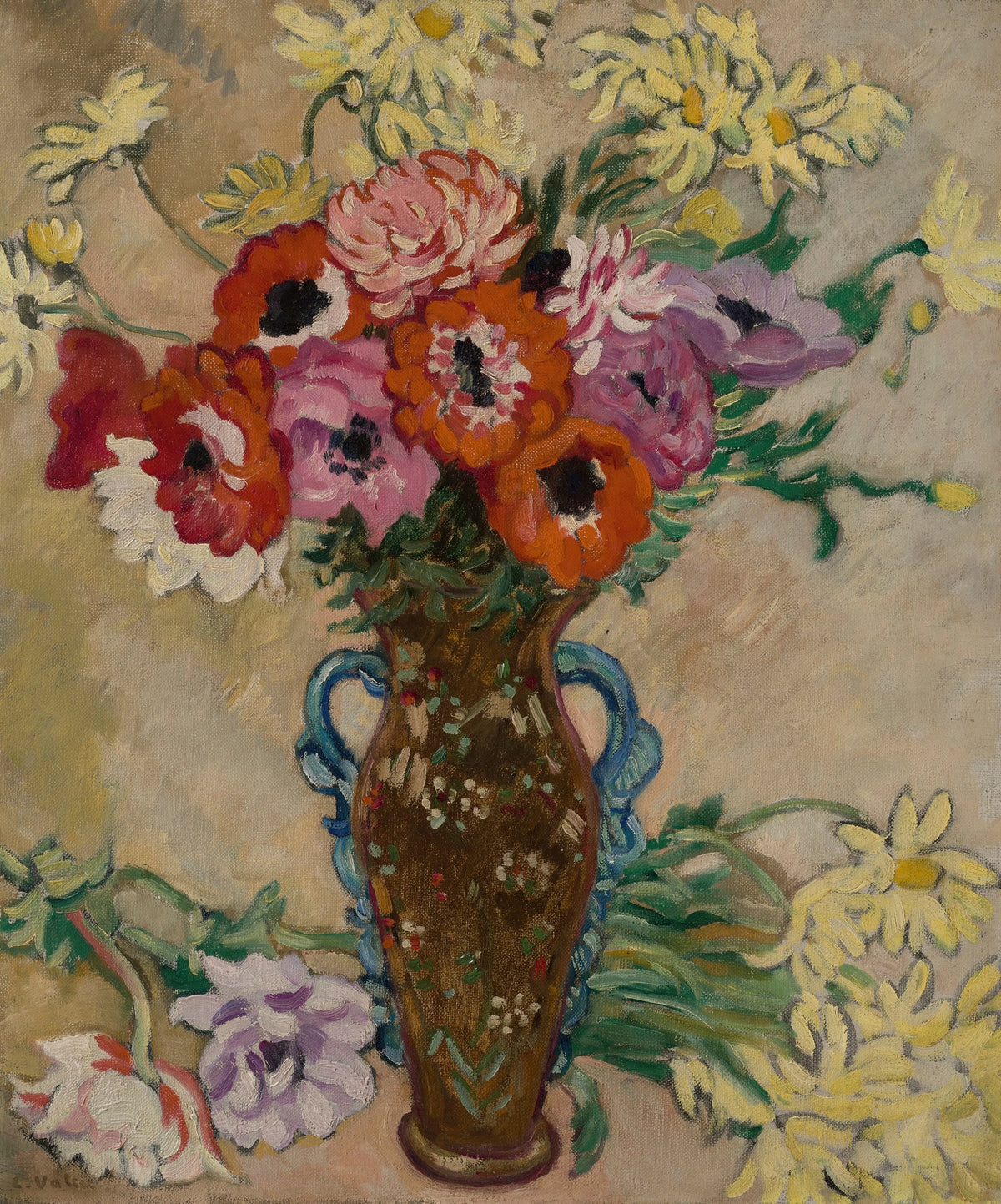 Louis Valtat - Vase décoré aux anémones et marguerites jaunes de savane (circa 1908)