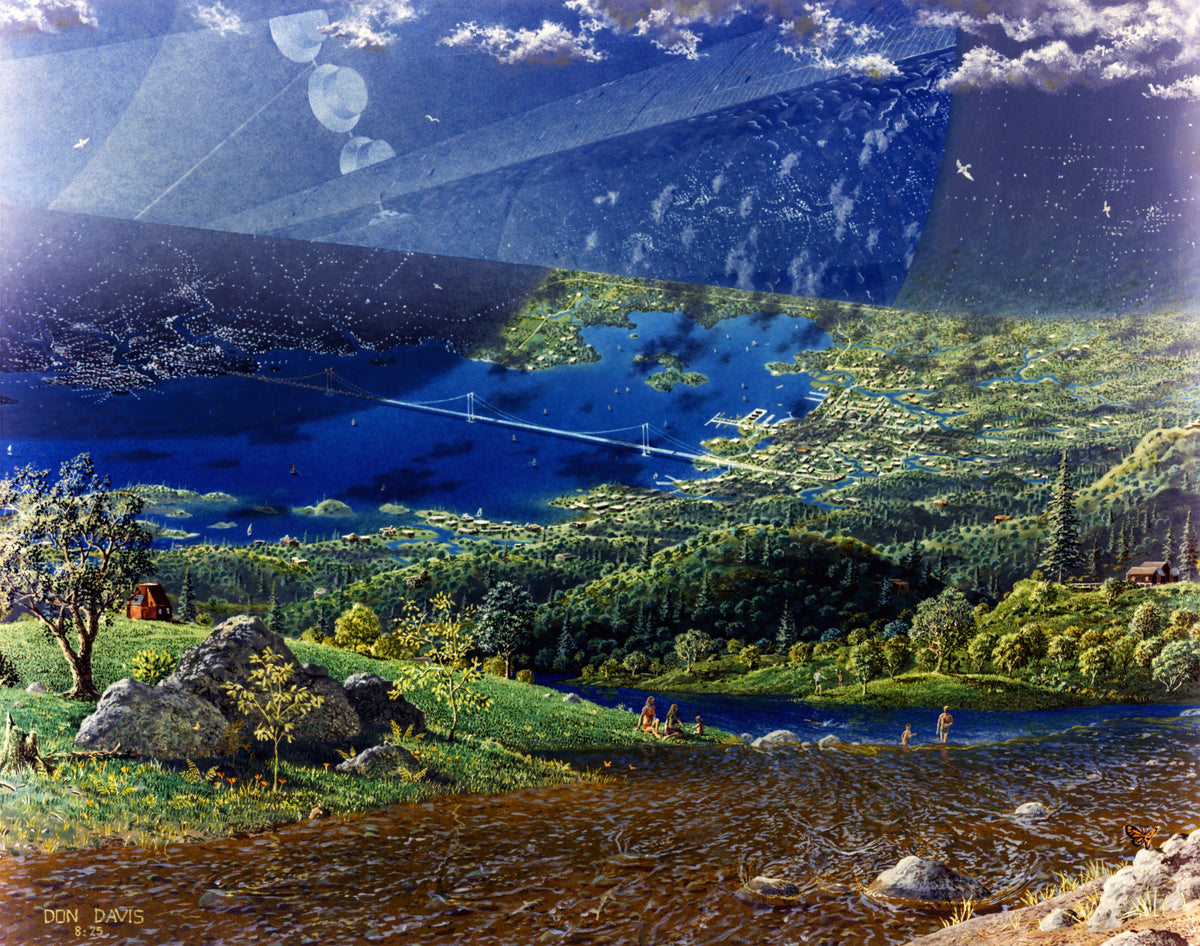 NASA - A cylinder colony's endcap with a suspension bridge
