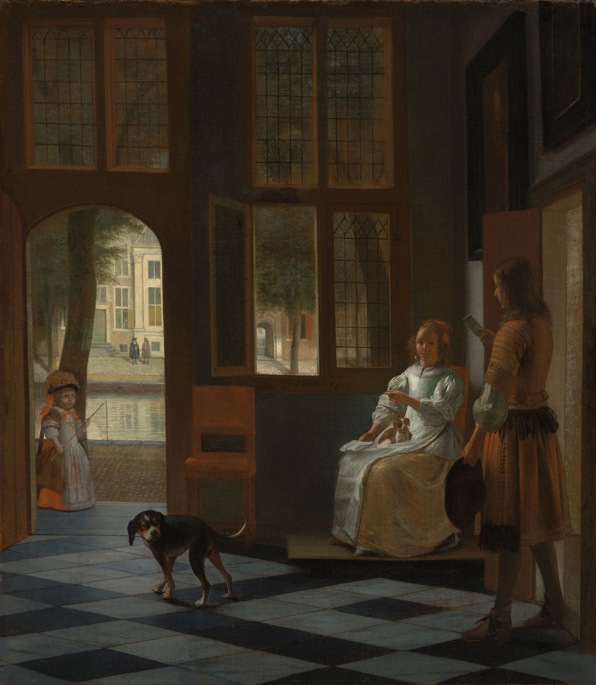Pieter de Hooch - Man Handing a Letter to a Woman in the Entrance Hall of a House (1670)